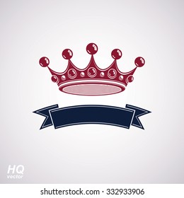 Vector imperial crown with undulate ribbon. Classic coronet with decorative curvy band. King regalia design element isolated on white background.