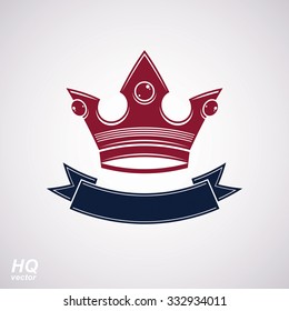 Vector imperial crown with undulate ribbon. Classic coronet with decorative curvy band. King regalia design element isolated on white background.