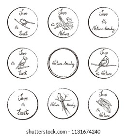 Vector imprint design elements. Sketched hand drawn birds set. Stamps with text.