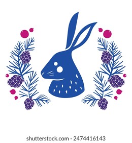 Vektorgrafik Impressum Abbildung der Silhouette Ein Hase gerahmt aus Nadelzweigen, Kegel in blau-violetten Farben mit roten Beeren. handgezeichnete Illustration