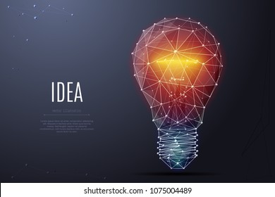 Vector Incandescent lamp with bright light. Low poly wireframe and points. Polygonal 3D white bright warm light on dark background. Idea with geometry triangle. Abstract lamp bulb mash line origami