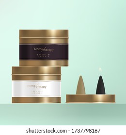 Vector Incense Cone with Bronze Metal Finishing Tin Can, Wrap Around Label with Golden Foil.