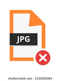 Vector incorrect disapproved jpg or jpeg file. Flat icon with red cancel sign – error. Symbol of not accepted file with lossy compression for pictures, photos, images and graphic isolated white.