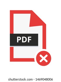 Vector incorrect disapproved pdf file. Flat icon with red cancel sign – error. Symbol of not accepted portable document file for web and print isolated on a white background.