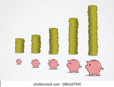 Vector : Increase piles of coins and piggy banks on white background