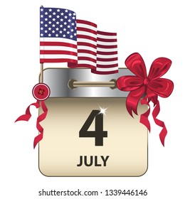 Vector of Independence Day calendar, a federal holiday in the United States, with bow and flag