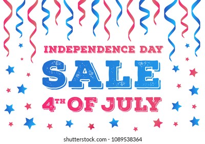 Vector independence day sale banner on white background. Fourth of july greeting card with ribbon and stars for flyer, poster, decoration. 10 eps