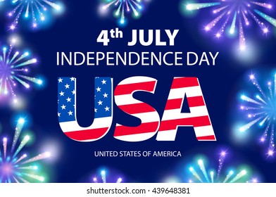 vector Independence day of the USA typographical background. Shining fireworks and place for text. art