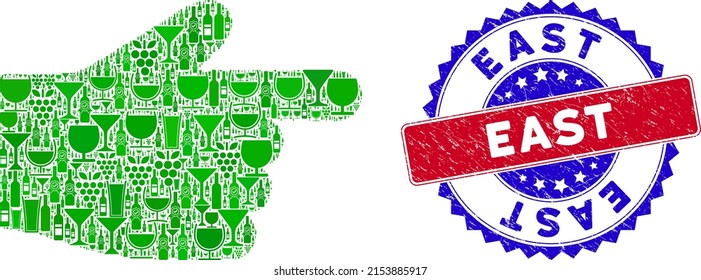 Collage de vino con icono del dedo índice del vector con sello de color gris bicolor Este. Sello bicolor rojo y azul con textura corroída y palabra oriental. El icono del mosaico del dedo índice se forma con copas de vino,