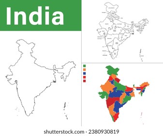 Vector India Bharat maps pack including outline regions national color palette