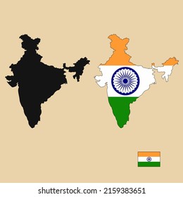 Vector of India country outline map with flag set isolated on plain background. Silhouette of country map can be used for template, report, and infographic.
