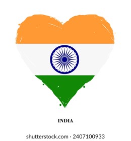 Vector India flag in heart shape with grunge texture. Heart shaped Indian flag isolated on white background. Beautiful design country flag for banner, poster, sticker, print. Vector illustration
