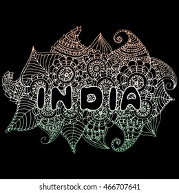 Vector India lettering on henna ornament mehndi floral background. Gradient indian flag backdrop