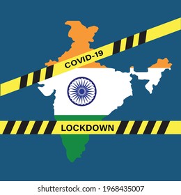 A vector of India map with hazard tape, coronavirus, new variant B1617 and India Lockdown word. India have been advice to lockdown their country to avoid spread of new coronavirus variant.