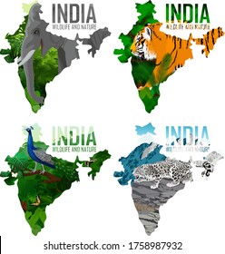 vector India map with indian elephant,  male peacock peafowl,  tiger and  snow leopard