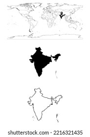 Vector India map, map of India showing country location on world with solid and outline maps for India on white background. File is suitable for digital editing and prints of all sizes.