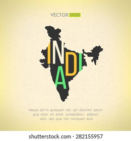 Vector India map in vintage design. Indian border on grunge background. Letters are not cut and easy to move.