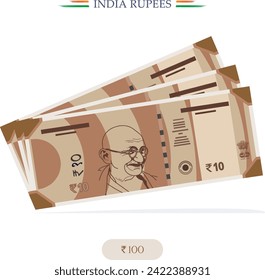 vector India Rupees,10,20,100,200,500, India Currency Notes banknote with white background