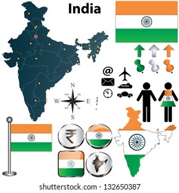 Vector of India set with detailed country shape with regions borders, flags and icons