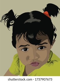 Vector of Indian baby girl with cute and puzzled expression