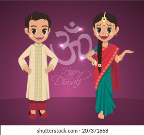 Vector Indian Boy and Girl Celebrating Deepavali - Happy Diwali. Translation: Diwali Aum (Om) Symbol