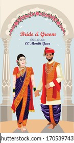 a vector of Indian bride and groom ( maharashtrian ) in nauvari sari and sherwani standing holding hands and in the background is beautiful arch with flower. Suitable for wedding e-card invitation.