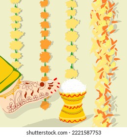 Vector of Indian Bride Pushes rice Pot on entering Groom house.