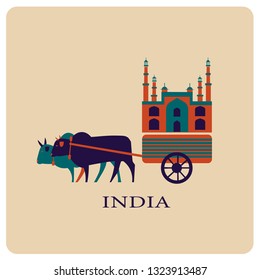 Vector Indian bull carriage with Agra Red Fort, Uttar Pradesh, India, Asia, Vector Animals, tourism, travel, journey, landmarks