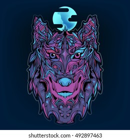 Vector Indian colored version of wolf and moon ornament. Can be used on case, print for clothes or poster.