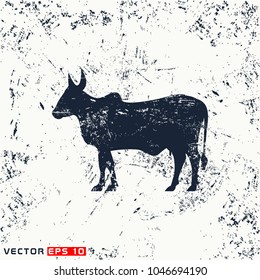 Vector indian cow silhouette view side on grunge background