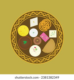 Eine Vektorgrafik von indischen Diwali Sweet in einem Teller. Die Essenseinsicht "laddu, gujiya, rasgulla, gulab jamun, barfi, soan papdi, peda, sendash and jalebi".