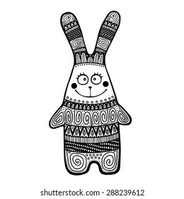 Vector Indian doodle rabbit. Hand drown bunny with ornaments. Black and white colors. Isolated. Smile rabbit for children.