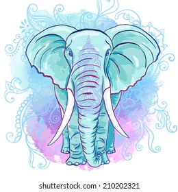 Vector Indian Elephant on the Watercolor Blot