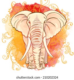 Vector Indian Elephant on the Watercolor Blot