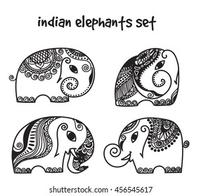 Vector indian elephants set. Stock mehndi set for design on white background.