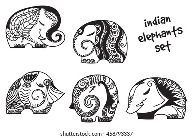 Vector indian elephants set. Stock mehndi set for design on white background.