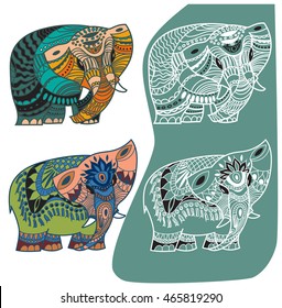 Vector indian elephants set. Stock mehndi set for design on white background.