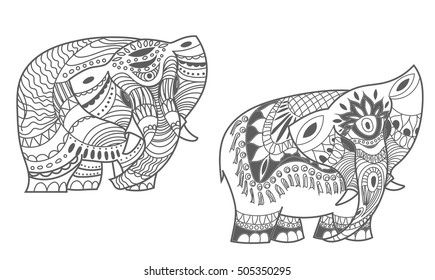 Vector indian elephants set. Stock mehndi set for design on white background.