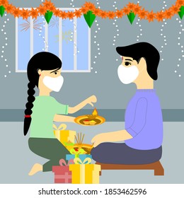 Vector of Indian family people celebrating Bhai Dooj with wearing medical face mask, Happy diwali. 