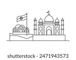 Vector of Indian flag waving beside Taj Mahal, India Gate, Red Fort with festive decorations. Perfect for celebrating India’s Independence Day.
