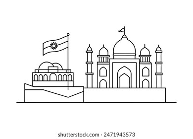 Vector of Indian flag waving beside Taj Mahal, India Gate, Red Fort with festive decorations. Perfect for celebrating India’s Independence Day.