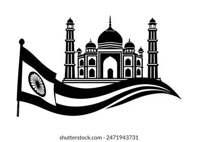 Vector of Indian flag waving beside Taj Mahal, India Gate, Red Fort with festive decorations. Perfect for celebrating India’s Independence Day.