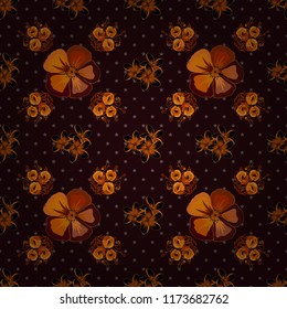 Vector Indian floral cosmos flowers pattern. Can be used for greeting business card background, backdrop, textile. Ethnic towel, henna style. Seamless ornament print in brown, orange and black colors.