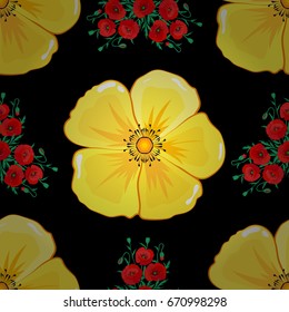 Vector Indian floral cosmos flowers pattern. Can be used for greeting business card background, coloring book, backdrop, textile. Seamless ornament print on a black backdrop. Ethnic towel, henna style