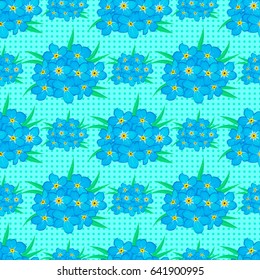 Vector Indian floral forget-me-not flowers pattern. Seamless ornament print on a blue background. Ethnic towel, henna style. Can be used for greeting business card background, backdrop, textile.