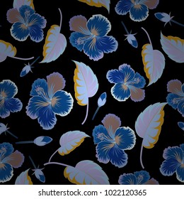 Vector Indian floral hibiscus flowers pattern. Seamless ornament print in black and blue colors. Ethnic towel, henna style. Can be used for greeting cards background, backdrop, textile.