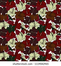 Vector Indian floral hibiscus flowers pattern. Seamless ornament print in brown and red colors. Ethnic towel, henna style. Can be used for greeting cards background, backdrop, textile.