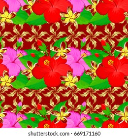 Vector Indian floral hibiscus flowers pattern. Seamless ornament print on a red background. Ethnic towel, henna style. Can be used for greeting business card background, backdrop, textile.