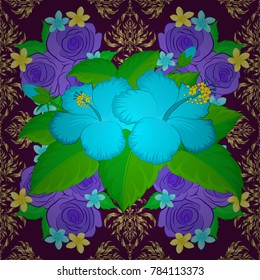 Vector Indian floral hibiscus flowers pattern. Ethnic towel, henna style. Can be used for greeting business card background, backdrop, textile. Seamless ornament print in purple, green and blue colors