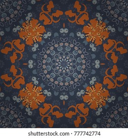 Vector Indian floral paisley medallion seamless pattern. Ethnic Mandala seamless pattern in blue, gray and orange colors.